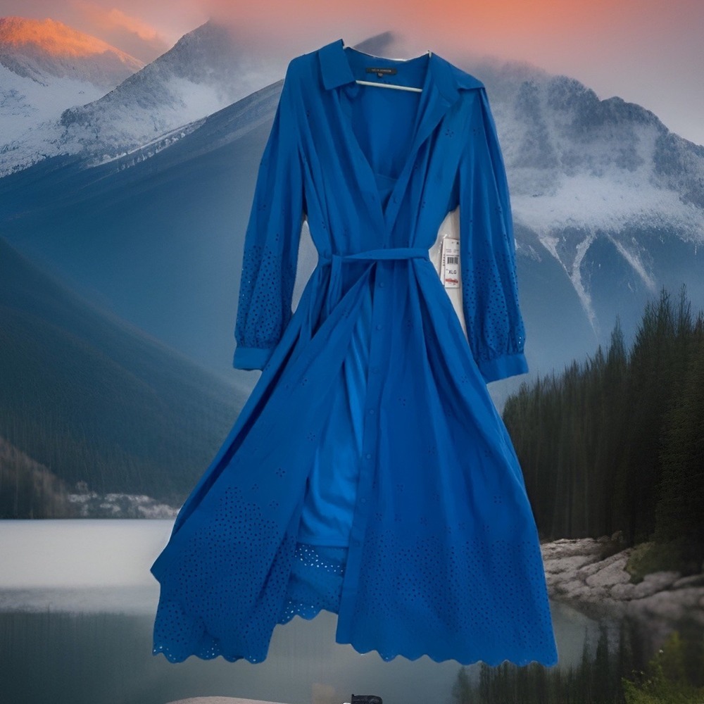 NWT Julia Jordan Women's Sz XL Long-Sleeve Layered Cotton Eyelet Midi Dress Blue